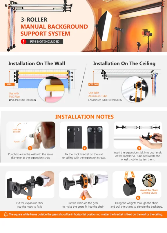 Neewer 3-Pulley Roller Wall/Ceiling Mounting Manual Backdrop Reeling System - Image 10